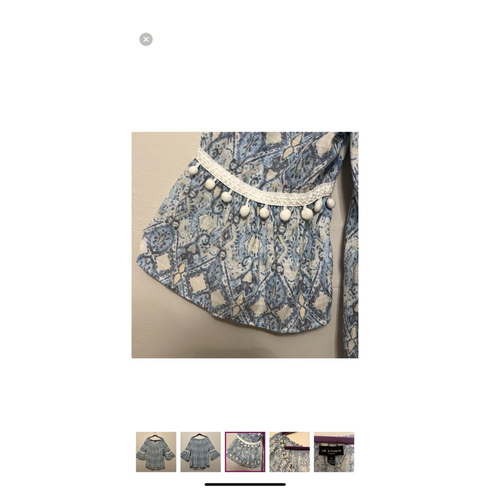 I.N. Studio Boho Blouse Sz 1X Cottagecore Embroidered Pom Poms Flowy Bell Sleeve - Picture 3 of 9